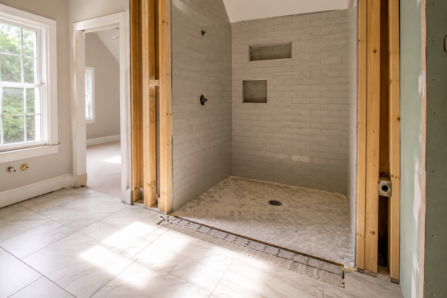 Contractor installing zero-threshold shower during Alpharetta bathroom accessibility renovation