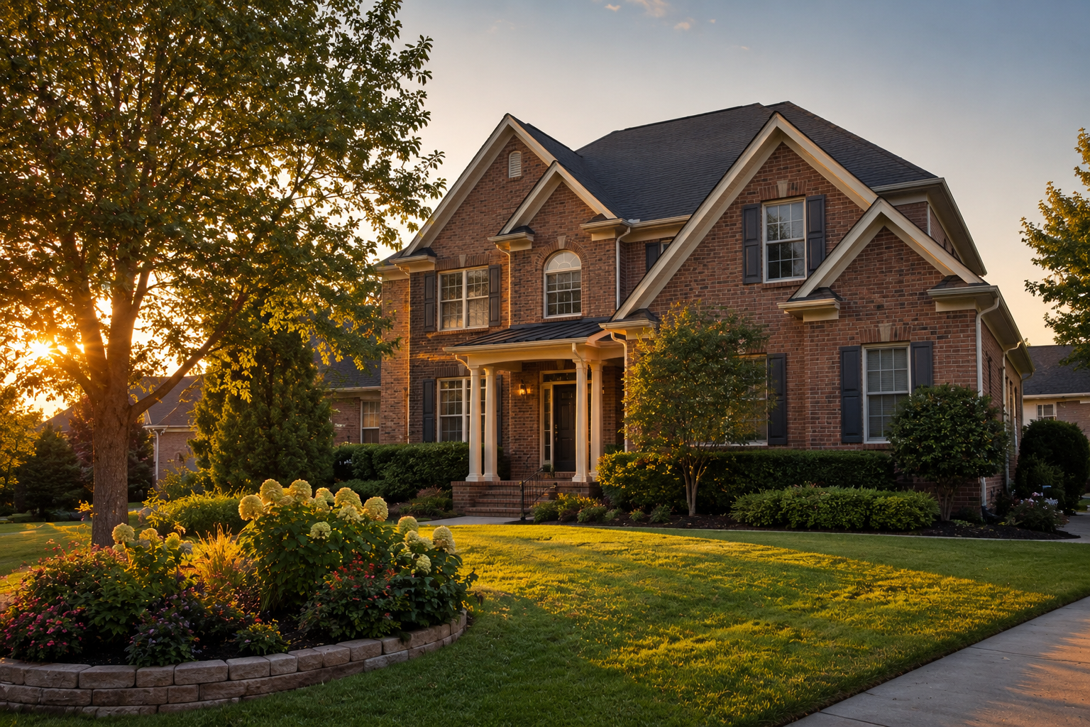 Two-story brick home exterior in Alpharetta Georgia with manicured lawn