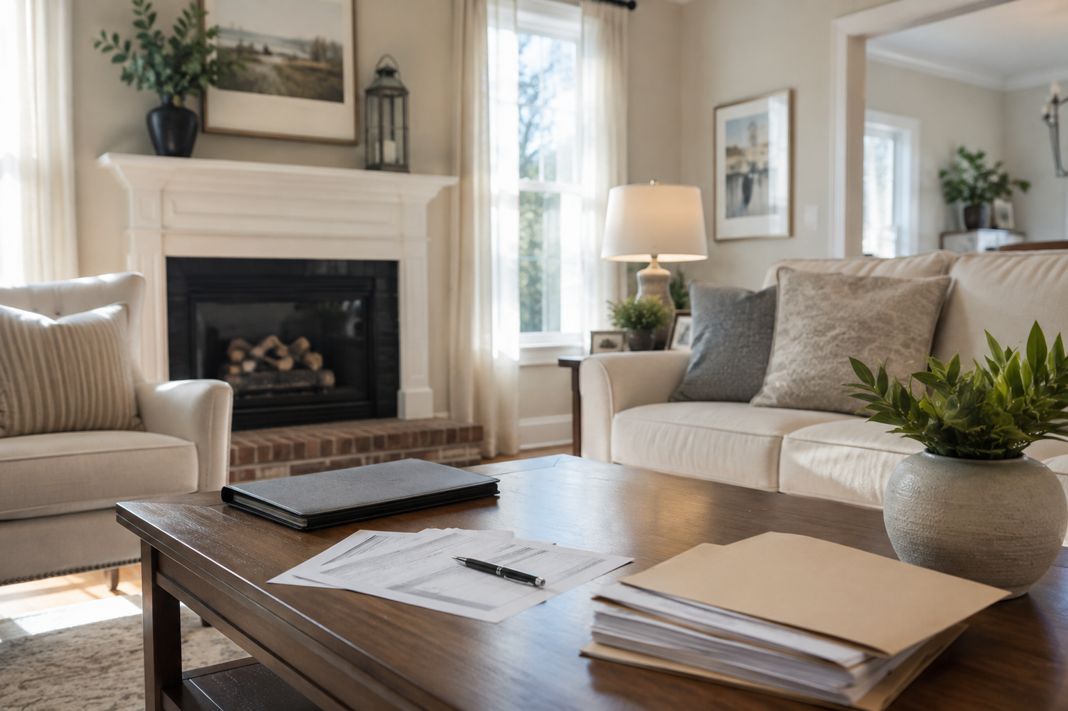 Real estate agent reviewing inherited home paperwork with clients in Alpharetta