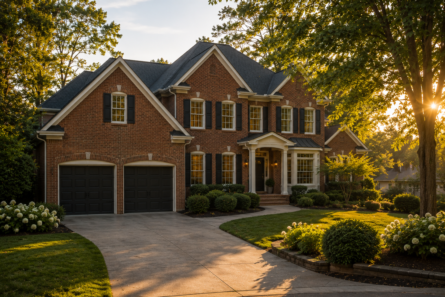 Traditional brick estate home exterior in Alpharetta Georgia with mature landscaping