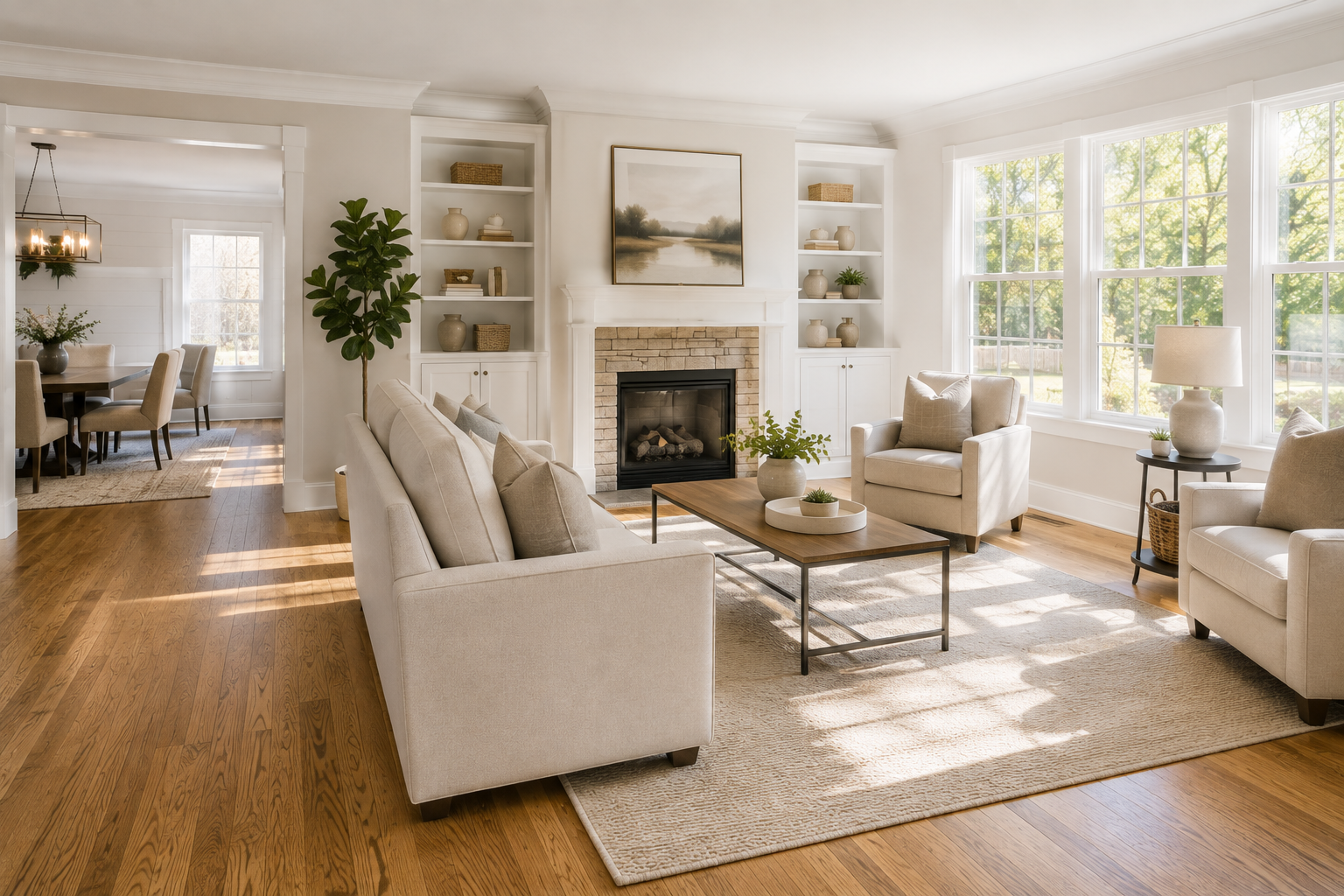 Freshly painted exterior trim and staged living room in an Alpharetta estate home