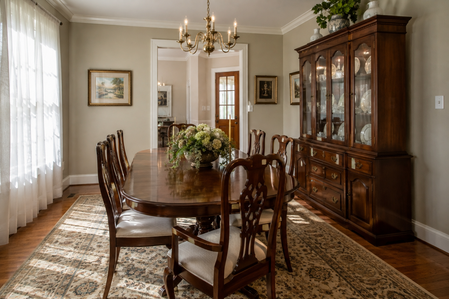 Traditional dining room staged for an estate sale in an Alpharetta brick two-story home