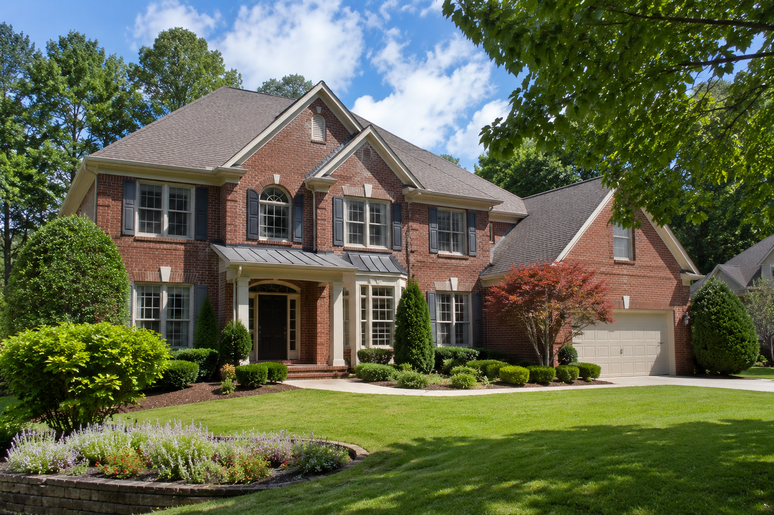 Traditional brick home exterior in Alpharetta Georgia at daytime