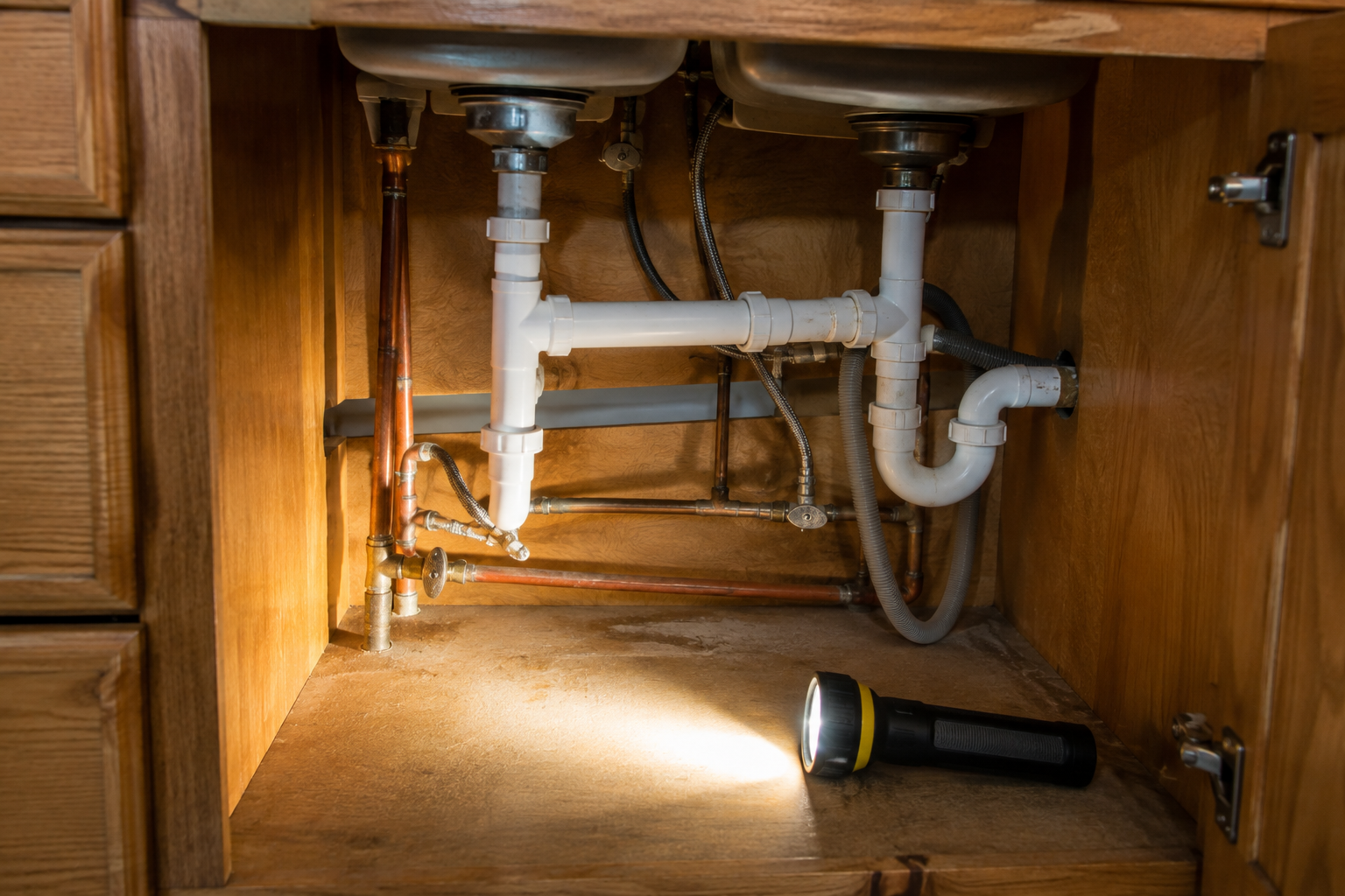 Home inspector checking plumbing in an Alpharetta Georgia house built in the 1990s