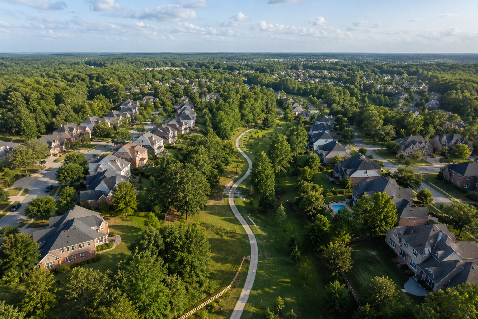 Aerial view of North Fulton County neighborhood near Alpha Loop trail in Alpharetta Georgia