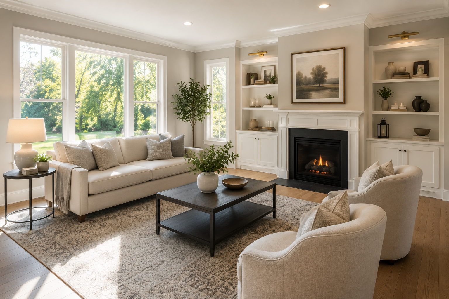 Professionally staged living room in a Windward Alpharetta home for sale.