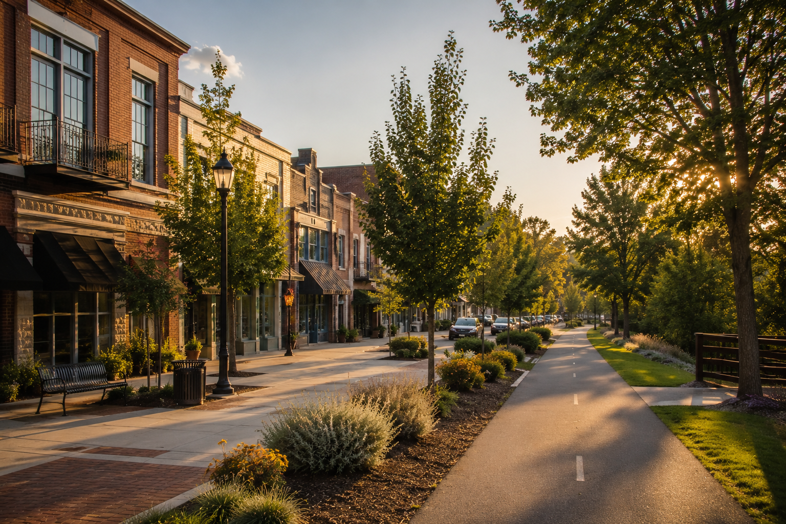 Downtown Alpharetta Georgia street view near Alpha Loop trail with shops