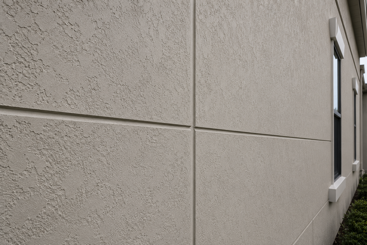 Close-up of synthetic stucco EIFS exterior wall texture on 1990s Alpharetta home
