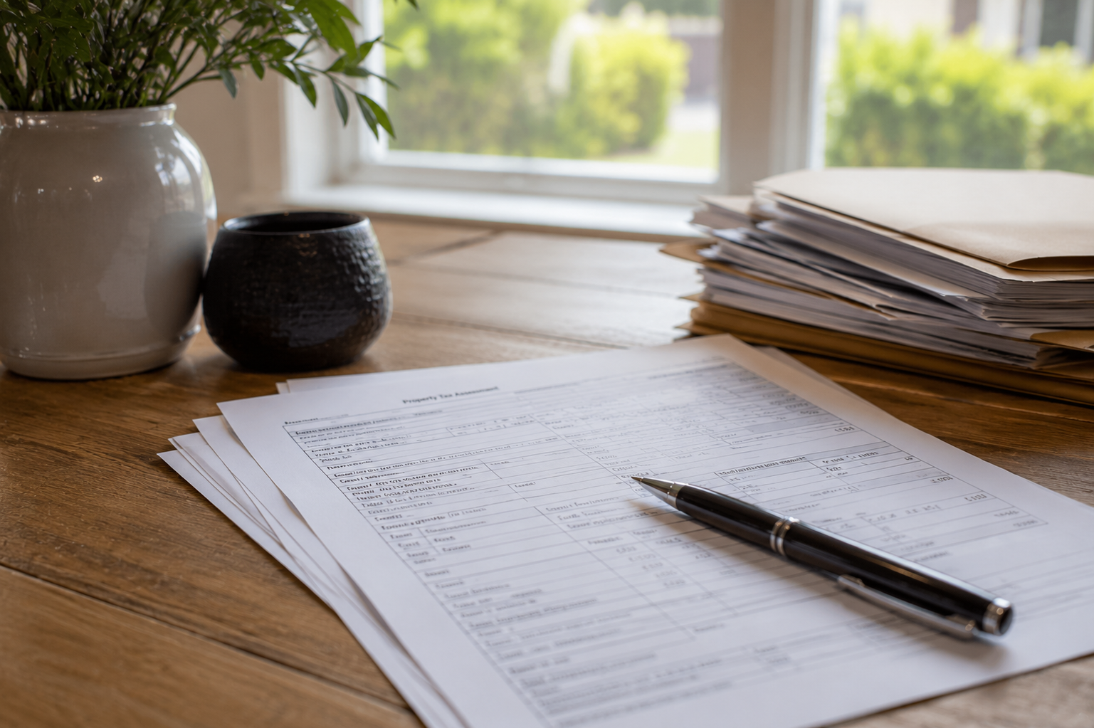 Fulton County Georgia property tax notice and paperwork on kitchen table