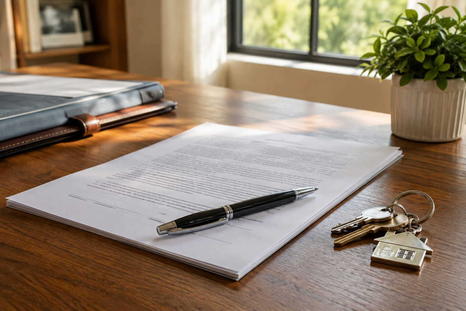 Closing attorney's desk with settlement documents and pen for Georgia home sale