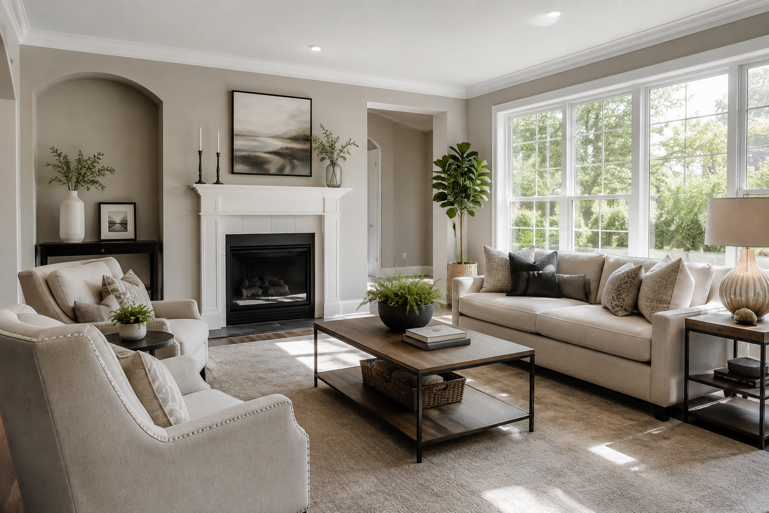 Freshly painted neutral interior living room staged for sale in North Fulton County Georgia