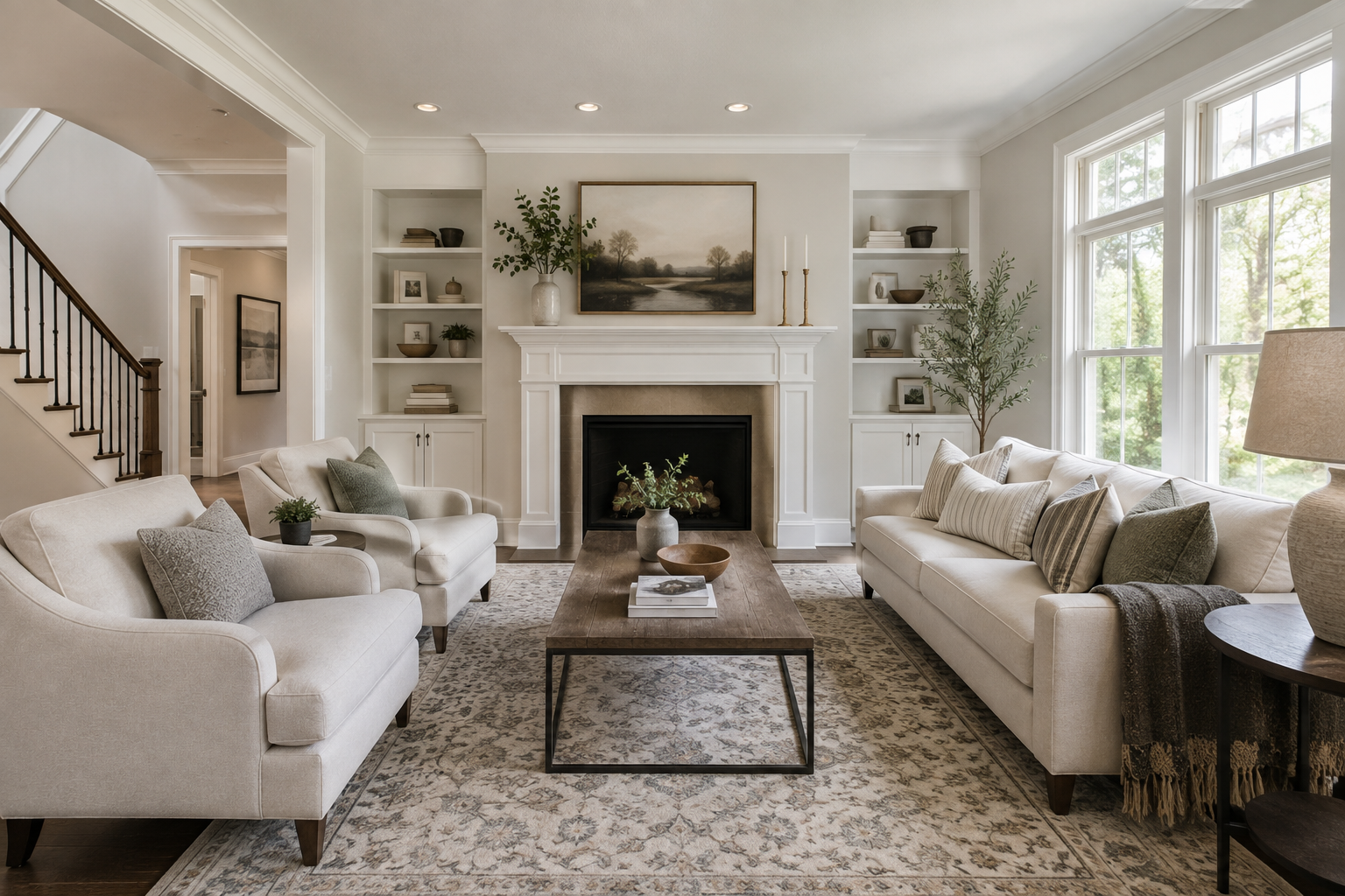 Staged living room with neutral furniture in updated Alpharetta Georgia home ready for MLS listing