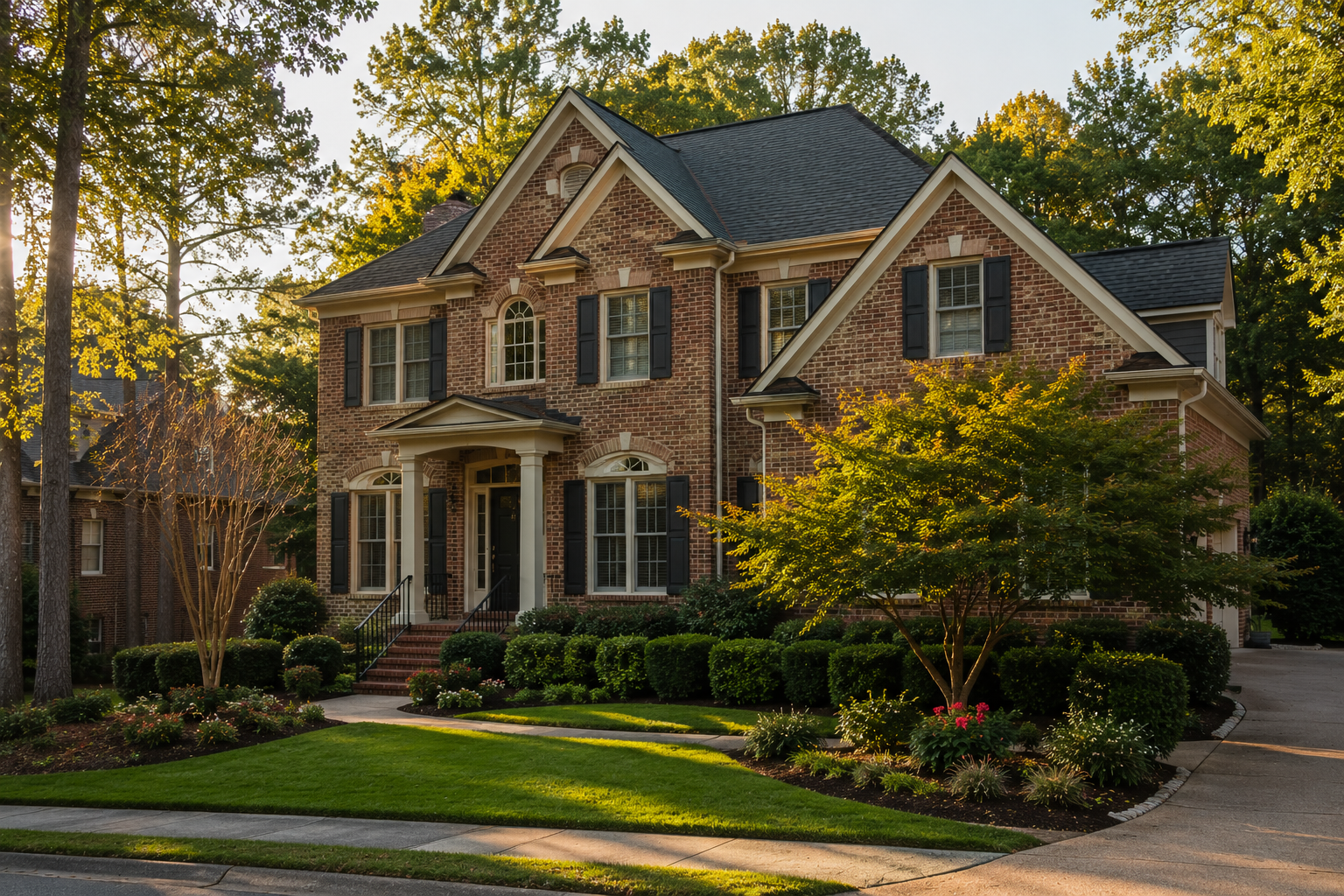 Traditional brick two-story home in Windward Alpharetta GA with mature landscaping