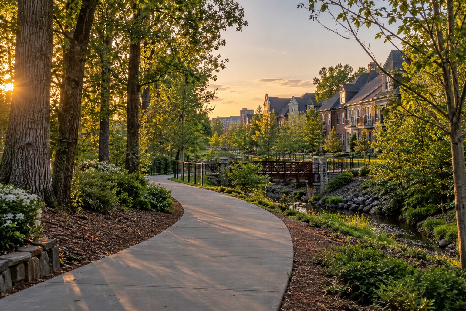 Paved Alpha Loop multi-use trail near Avalon and Downtown Alpharetta, Georgia at golden hour