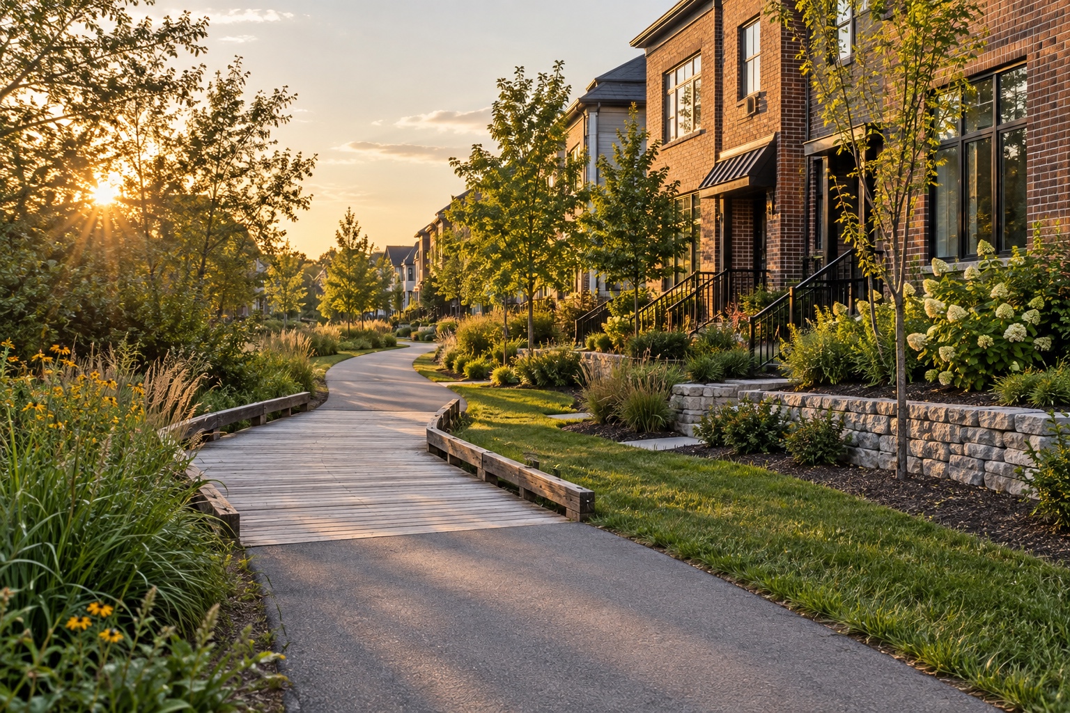 Paved Alpha Loop trail passing townhomes near Avalon in Alpharetta, Georgia