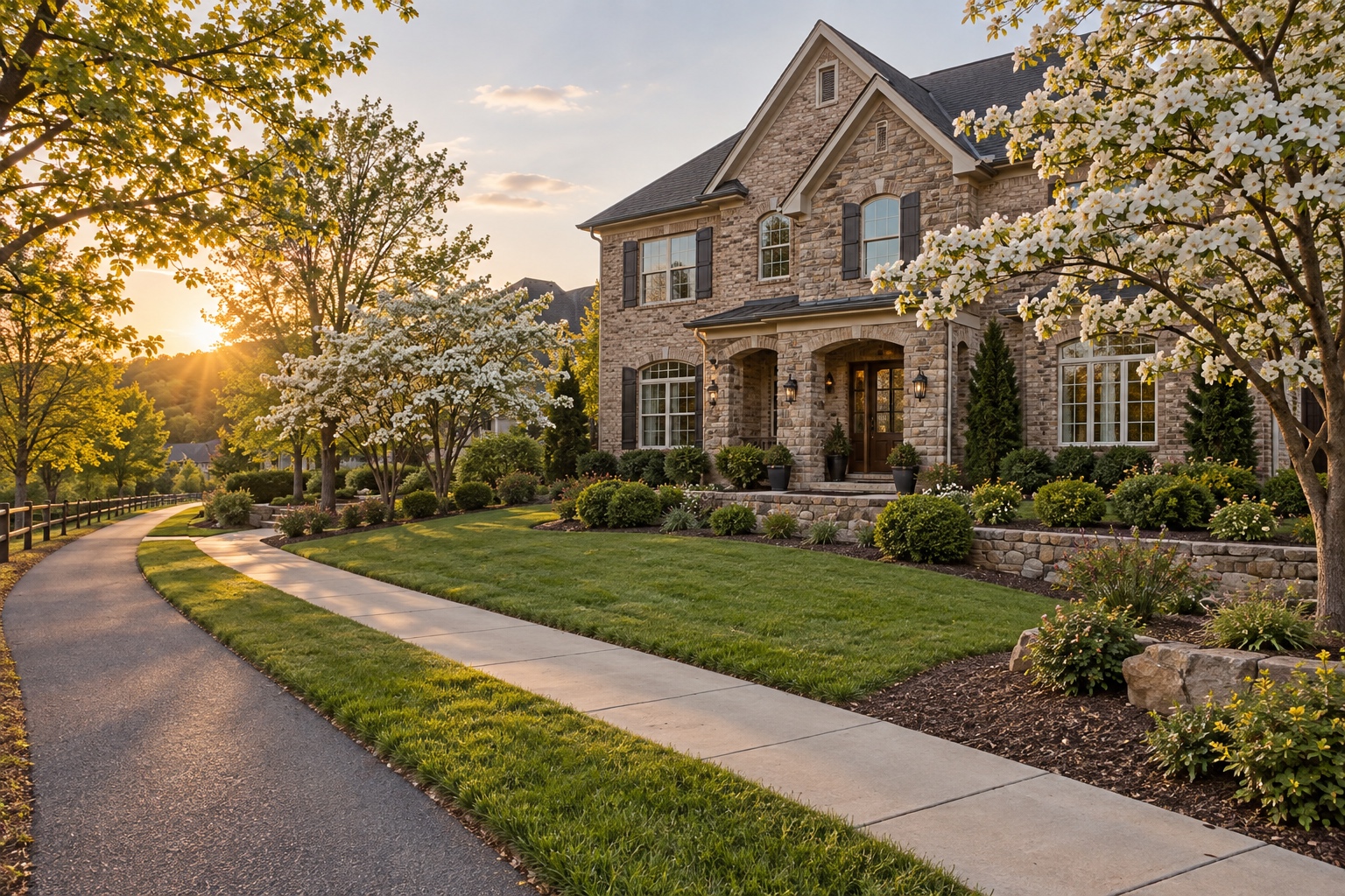 Brick and stone executive home beside the paved Alpha Loop trail in Alpharetta, Georgia
