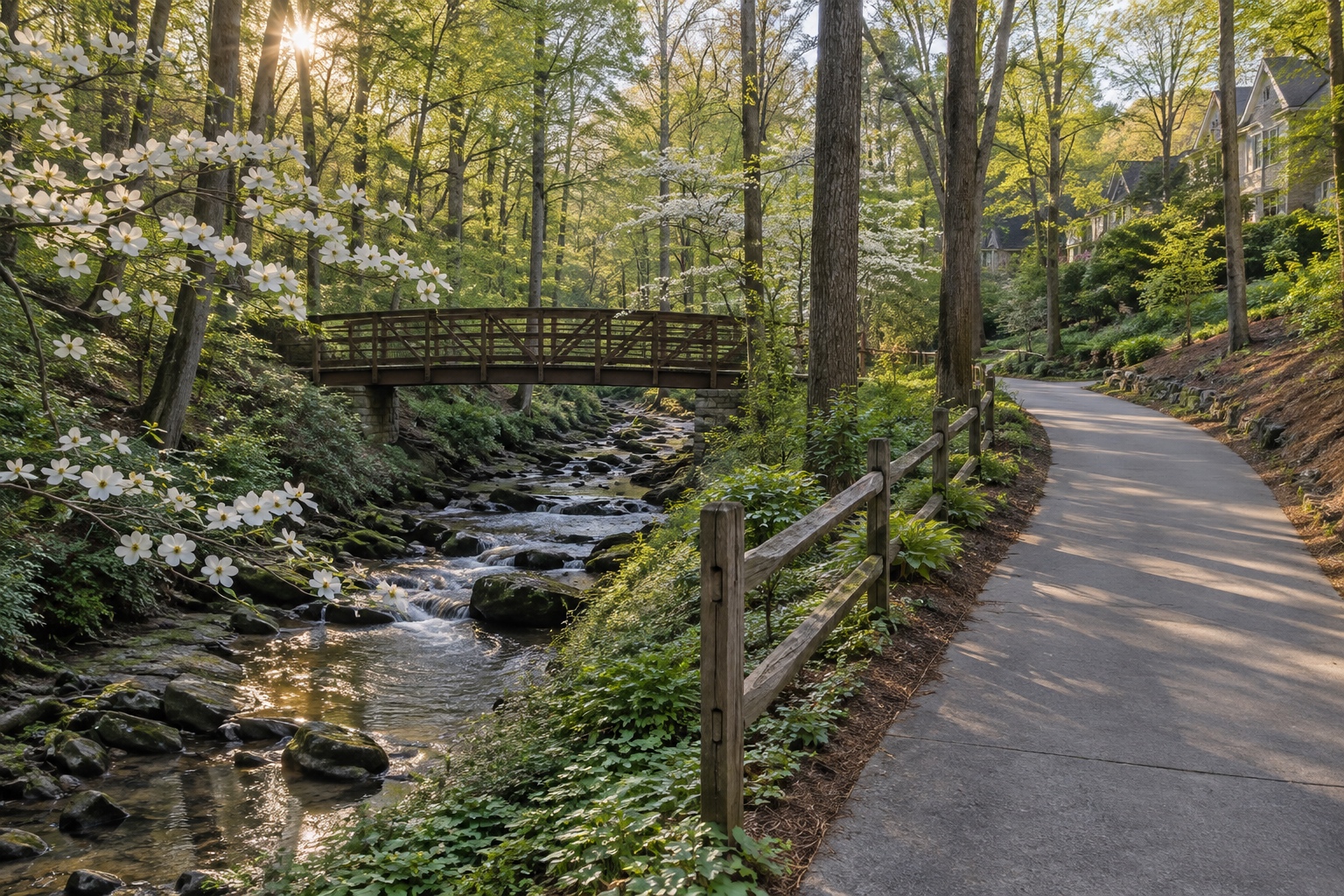 Paved greenway trail beside a wooded creek in Alpharetta, Georgia, similar to the Big Creek Greenway