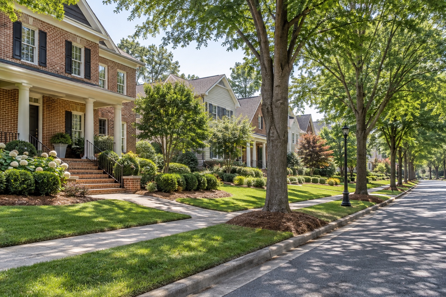 Tree-lined residential street with detached homes near Downtown Alpharetta, GA
