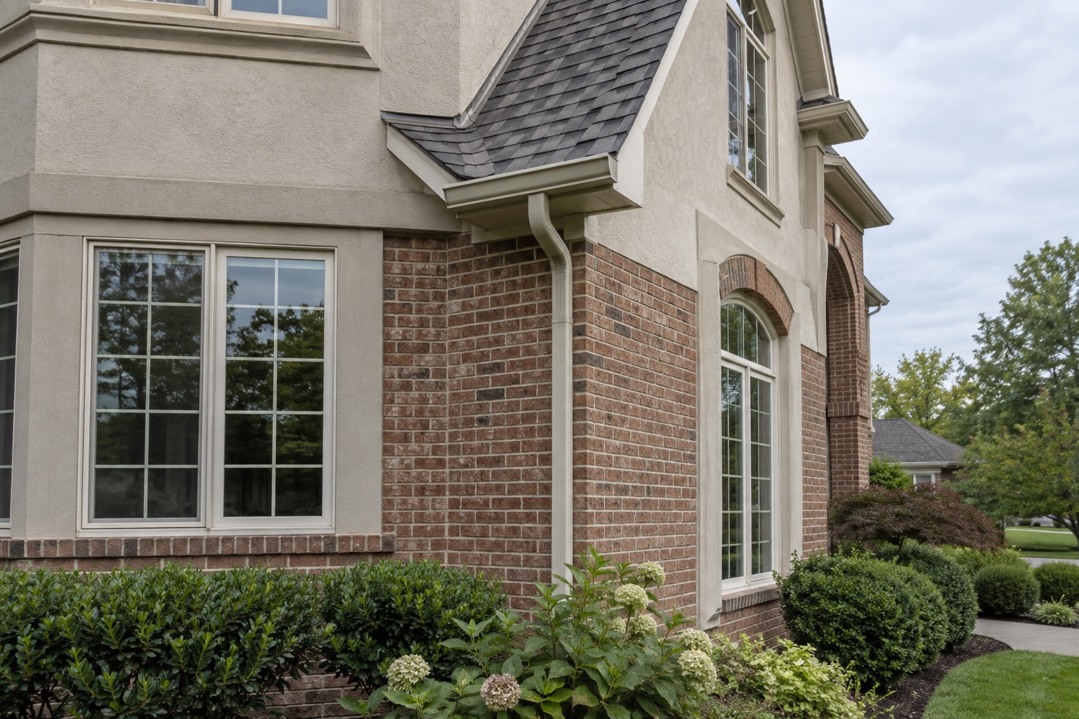 1990s brick and stucco home exterior in Alpharetta, Georgia showing window trim and roof kick-out flashing checked in EIFS inspections