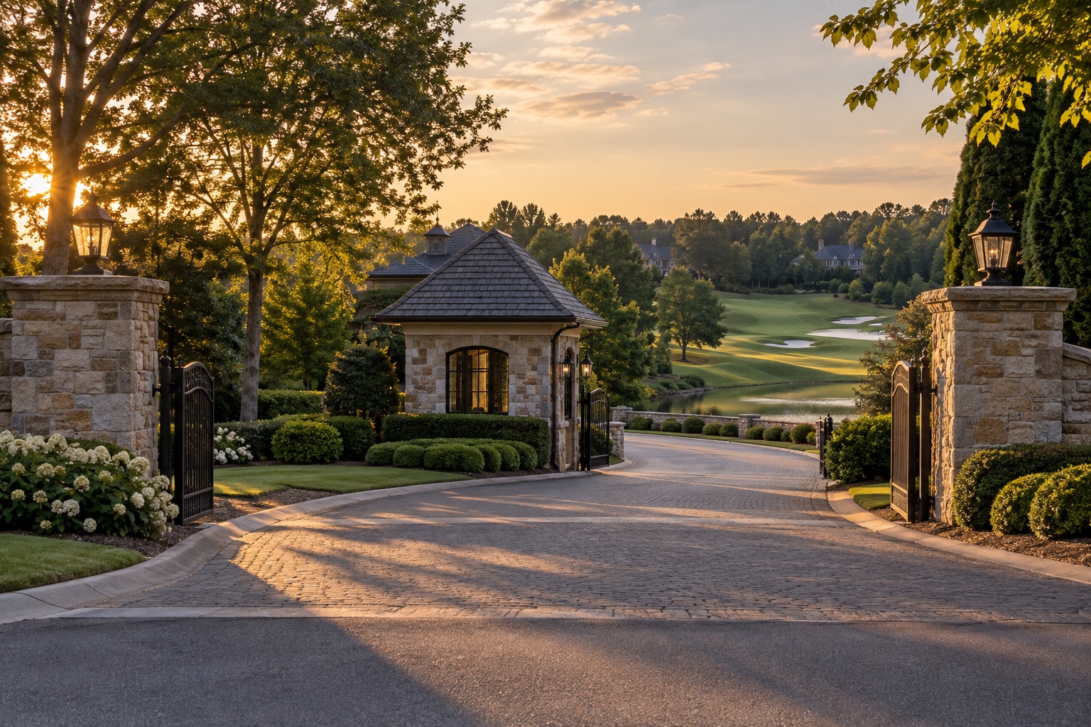 Guard-gated golf community entrance with stone pillars in Johns Creek, GA