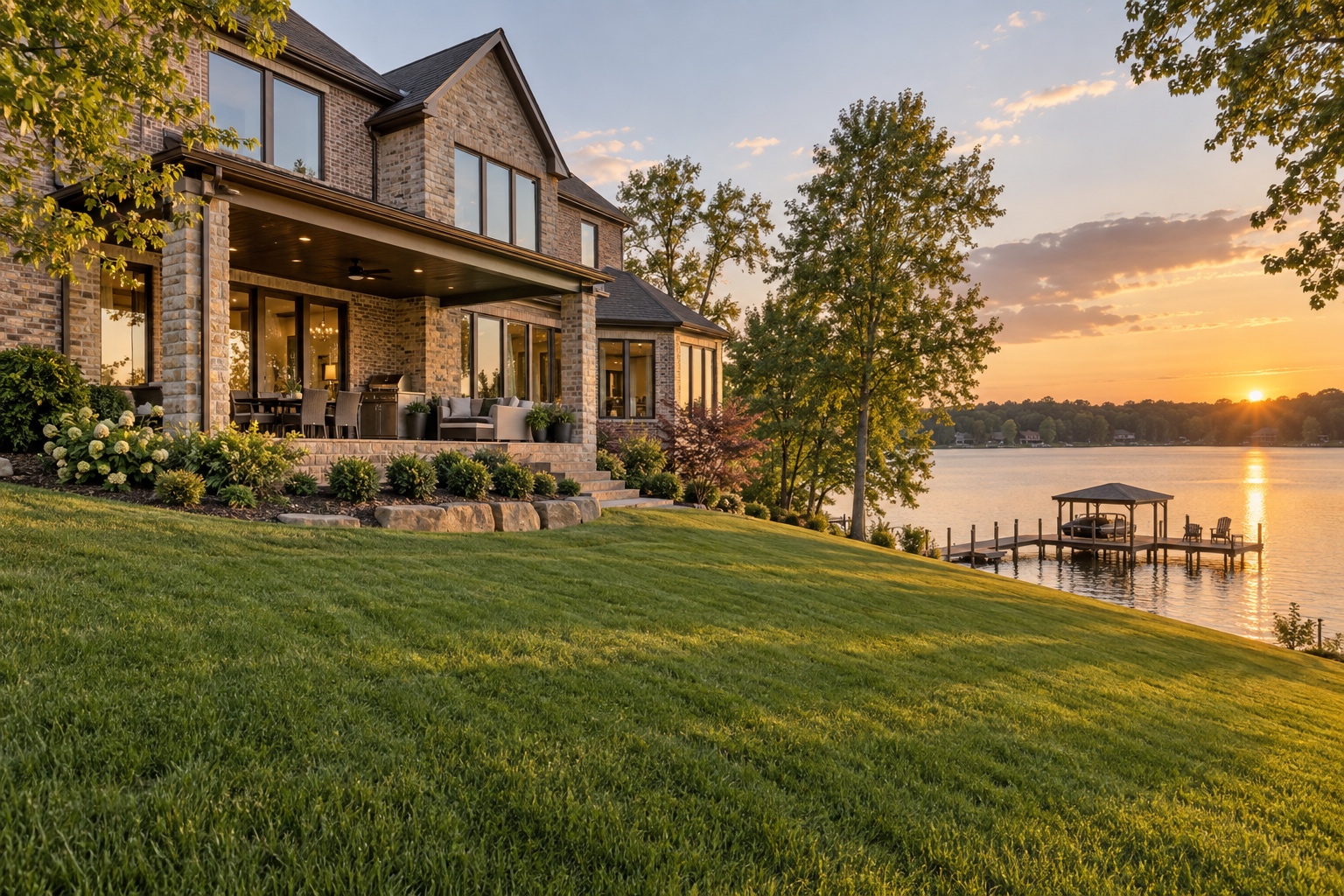 Brick home overlooking Lake Windward in Alpharetta, Georgia, in the Windward master-planned community