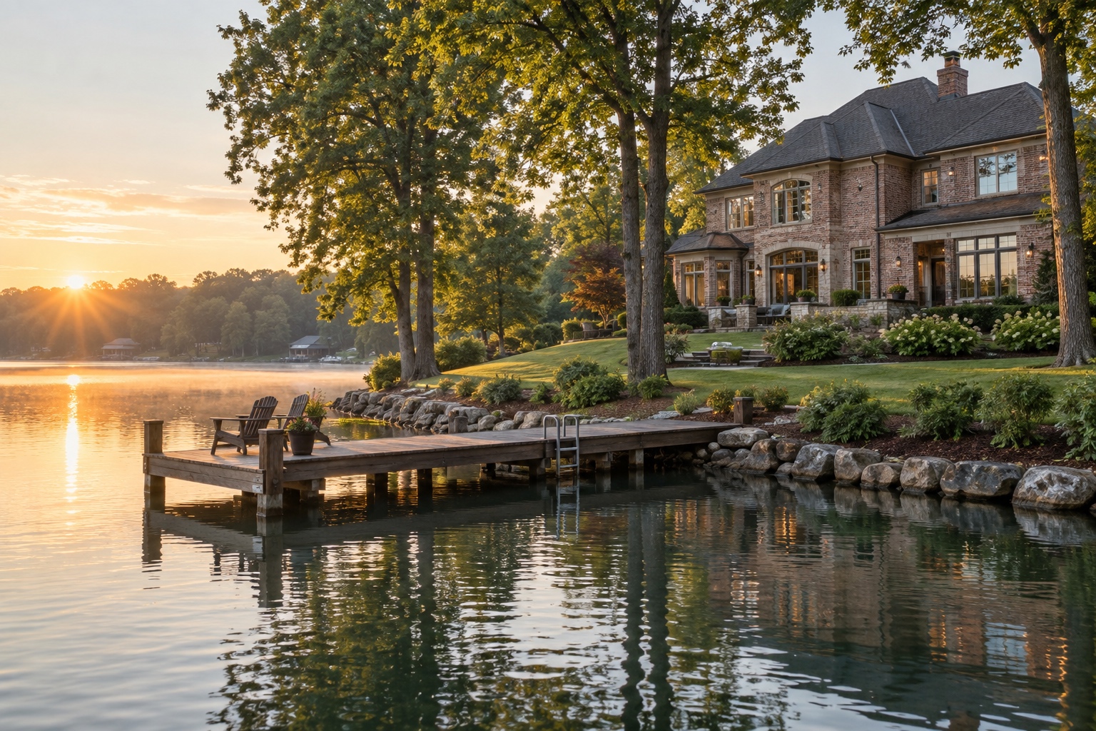 Brick estate home with private dock on Lake Windward in Alpharetta, Georgia at sunrise