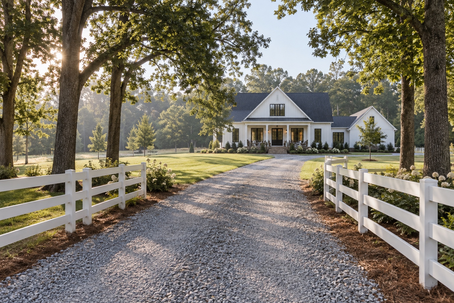 Modern farmhouse on a two-acre AG-1 lot with board fencing in Milton, Georgia