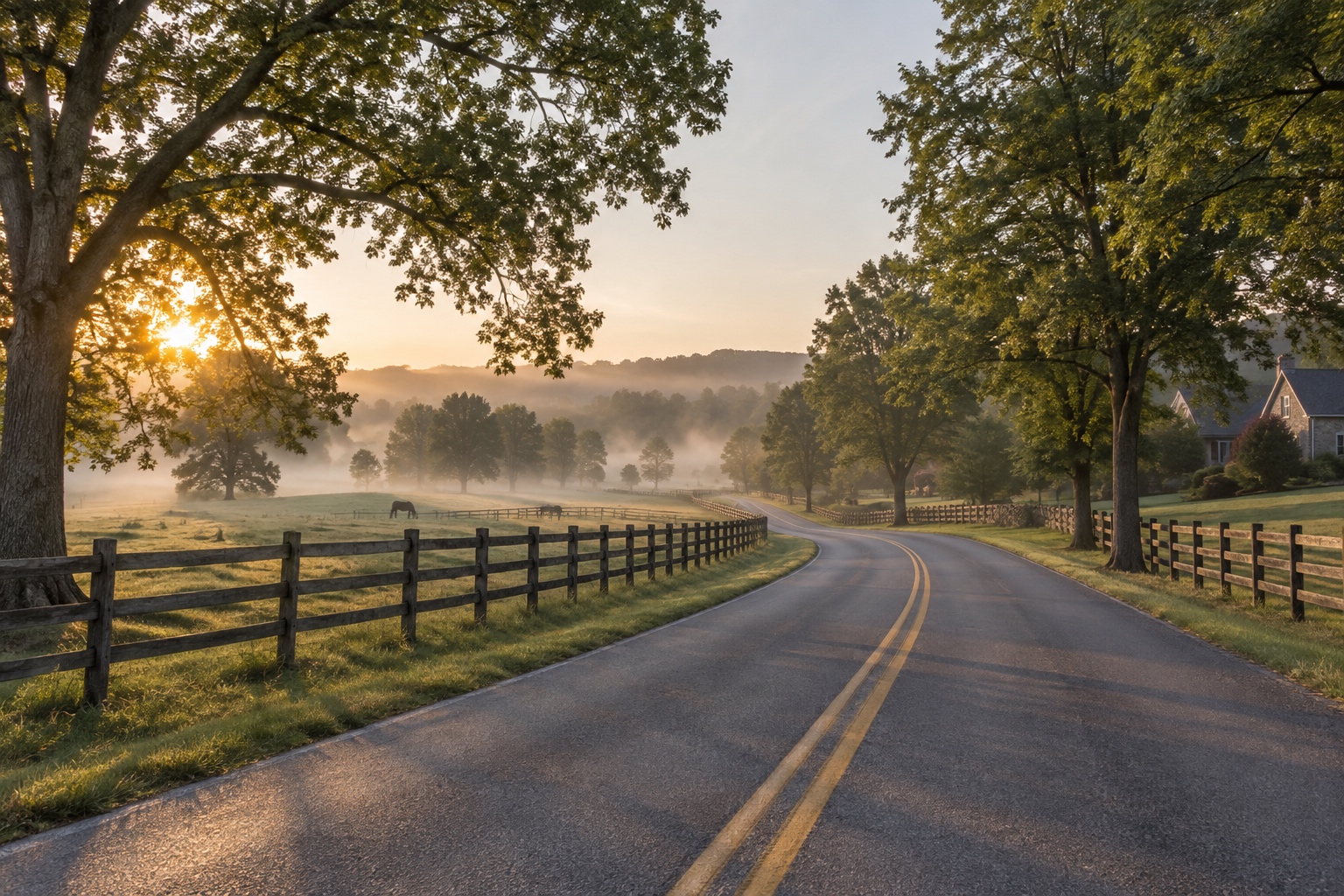 Two-lane rural road with pasture and split-rail fencing near Birmingham Highway in Milton, Georgia