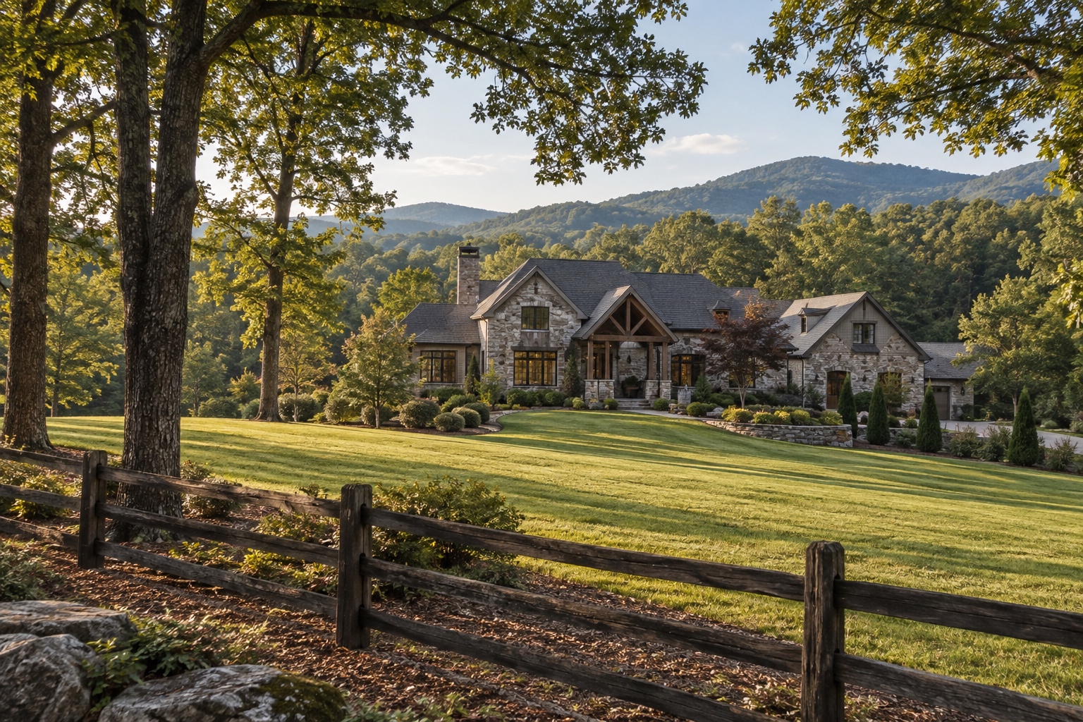 Estate home on a wooded acreage lot with split-rail fence near Crabapple in Milton, GA