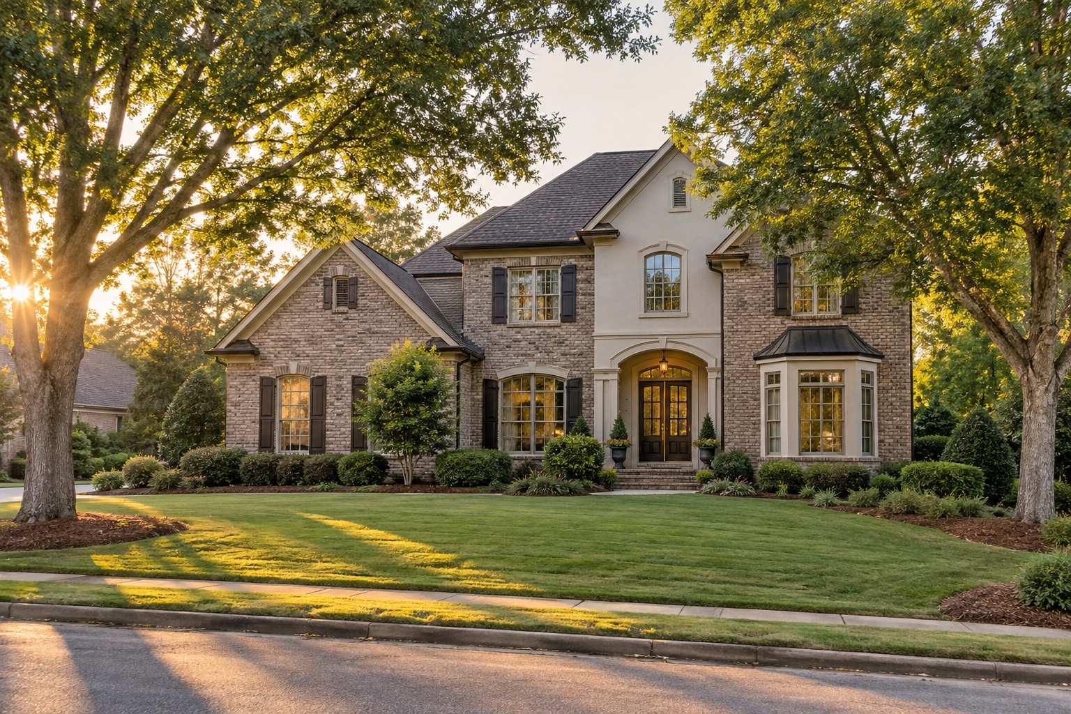 Brick and stucco executive home on a tree-lined street in a Windward-style Alpharetta, Georgia neighborhood